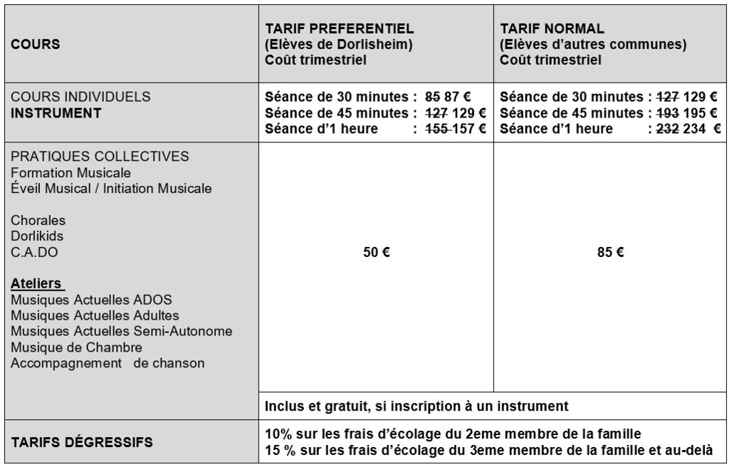 Tarifs applicables dès la prochaine rentrée scolaire 2026/2027
